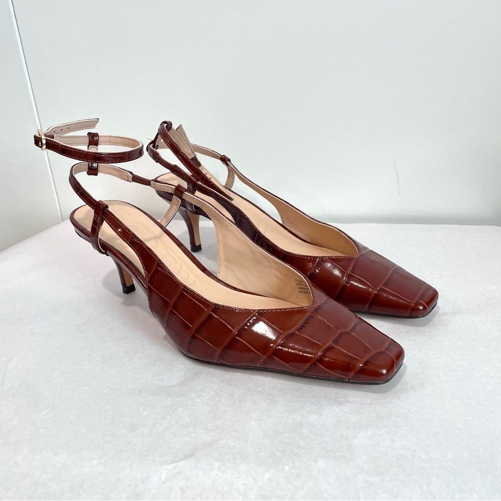J.Crew Leona Ankle Strap Croc Embossed Leather Heels